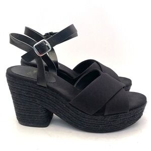 J.Crew Platform Sandals Womens 9.5‎ Black Espadrille High Heel Fabric Leather